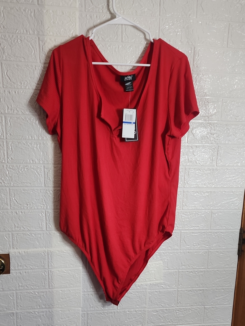 Red Ribbed Scoop Neck Bodysuit by JustFab